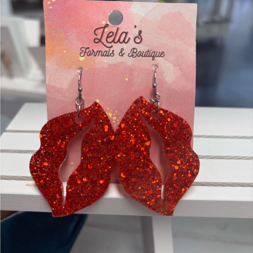 Red Glitter Resin Lip Earrings